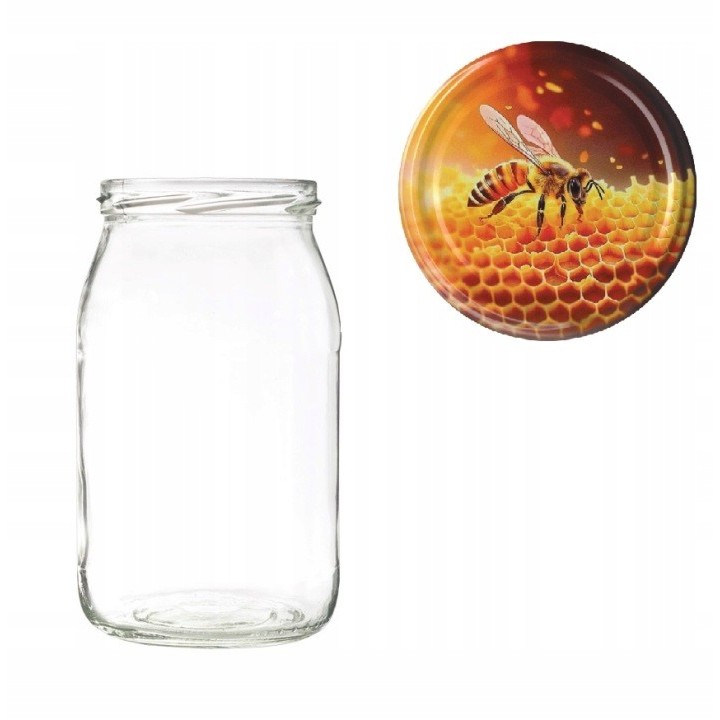 Karton słoików 0,9 litra (48 szt) + nakrętki fi 82 (50 szt) wzór PSZCZOŁA NA PLASTRZE - KA5ND120