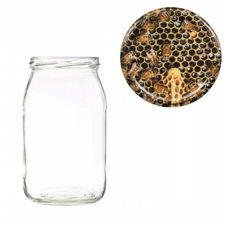 Karton słoików 0,9 litra (48 szt) + nakrętki fi 82 (50 szt) wzór PSZCZÓŁ NA PLASTRZE - KA5ND98