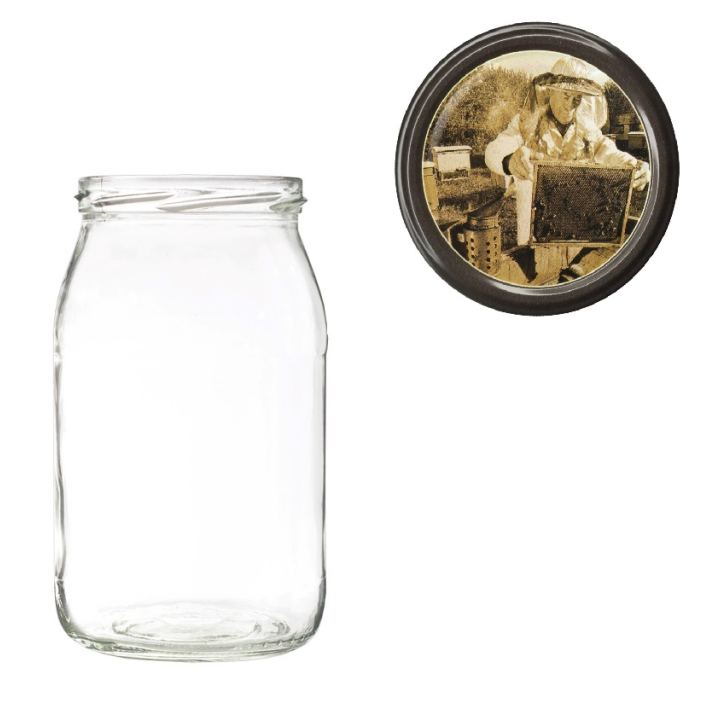 Karton słoików 0,9 litra (48 szt) + nakrętki fi 82 (50 szt) wzór RETRO PSZCZELARZ - KA5ND92