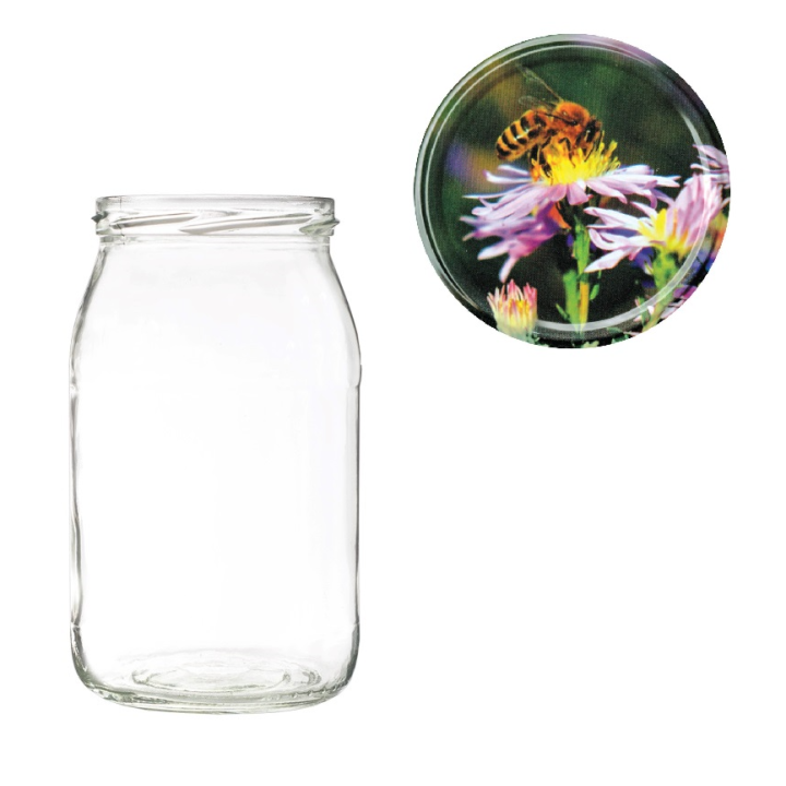 Karton słoików 0,9 litra (48 szt) + nakrętki fi 82 (50 szt) wzór PSZCZOŁA NA KWIATKU - KA5ND65