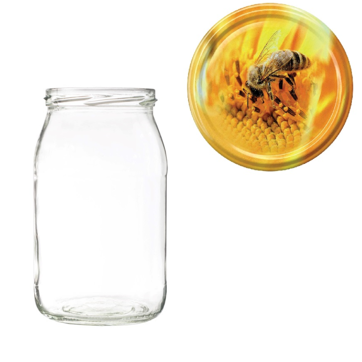 Karton słoików 0,9 litra (48 szt) + nakrętki fi 82 (50 szt) ŻÓŁE Z PSZCZOŁĄ - KA5ND32