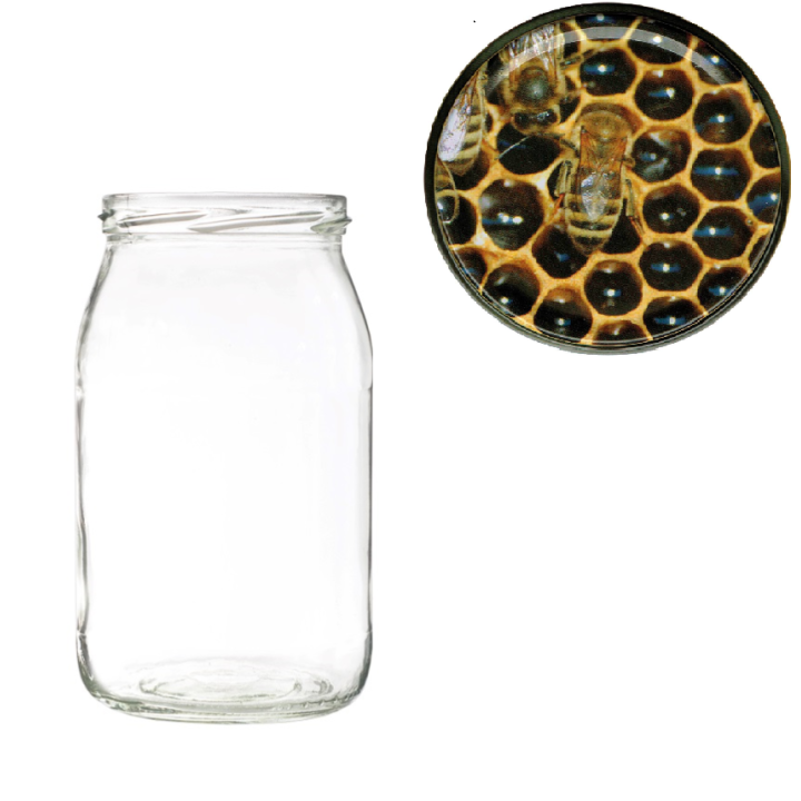 Karton słoików 0,9 litra (48 szt) + nakrętki fi 82 (50 szt) wzór PSZCZÓŁ NA PLASTRZE - KA5ND18