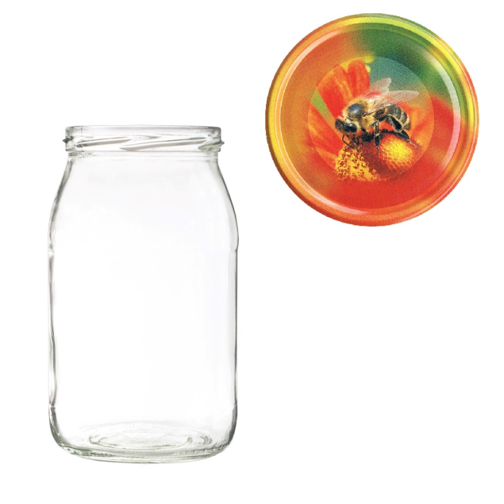 Karton słoików 0,9 litra (48 szt) + nakrętki fi 82 (50 szt) wzór PSZCZOŁA NA KWIATKU - KA5ND14