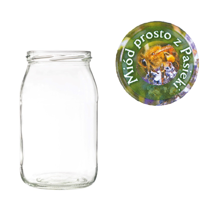 Karton słoików 0,9 litra (48 szt) + nakrętki fi 82 (50 szt) z napisem MIÓD PROSTO Z PASIEKI - KA5ND5