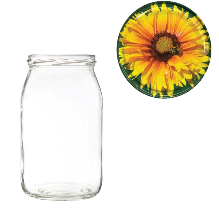 Karton słoików 0,9 litra (48 szt) + nakrętki fi 82 (50 szt) wzór PSZCZOŁA NA ŻÓŁTYM KWIATKU - KA5ND3