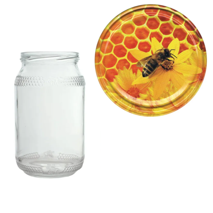 Karton słoików 0,9 litra (48 szt) z grawerem  + nakrętki fi 82 (50 szt) wzór PSZCZOŁA I PLASTER MIODU - KA82ND6