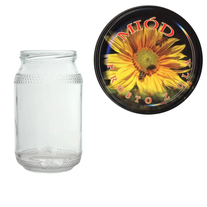 Karton słoików 0,9 litra (48 szt) z grawerem + nakrętki fi 82 (50 szt) czarne z z napisem MIÓD PROSTO Z ULA - KA82ND1