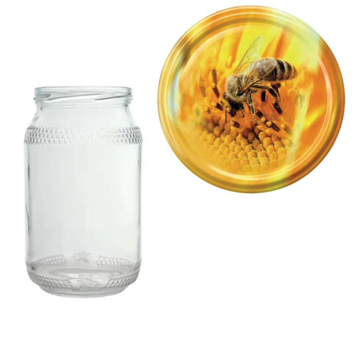 Karton słoików 0,9 litra (48 szt) z grawerem + nakrętki fi 82 (50 szt) ŻÓŁE Z PSZCZOŁĄ - KA82ND32