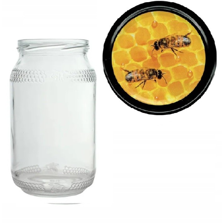 Karton słoików 0,9 litra (48 szt) z grawerem + nakrętki fi 82 (50 szt) wzór PSZCZOŁY - KA82ND71