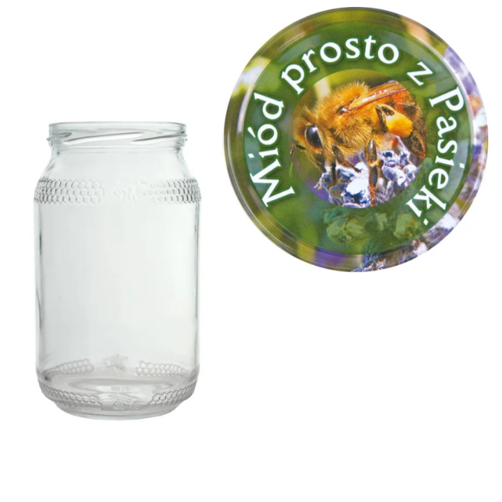 Karton słoików 0,9 litra (48 szt) z grawerem + nakrętki fi 82 (50 szt) z napisem MIÓD PROSTO Z PASIEKI - KA82ND5