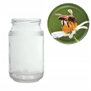 Karton słoików 0,9 litra (48 szt) z grawerem + nakrętki fi 82 (50 szt) wzór PSZCZOŁA NA BIAŁYM KWIATKU - KA82ND95