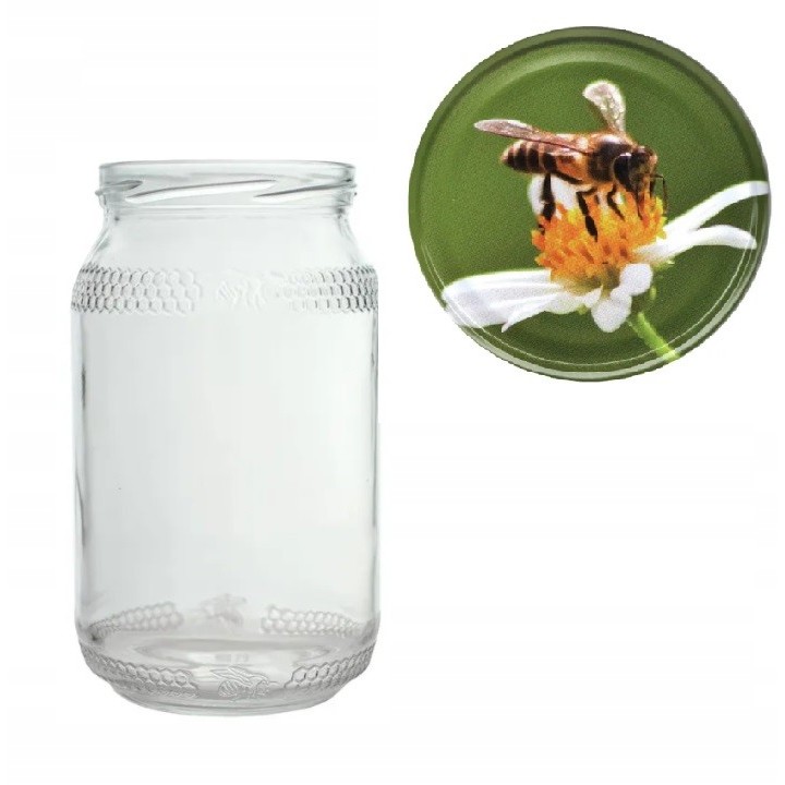 Karton słoików 0,9 litra (48 szt) z grawerem + nakrętki fi 82 (50 szt) wzór PSZCZOŁA NA BIAŁYM KWIATKU - KA82ND95