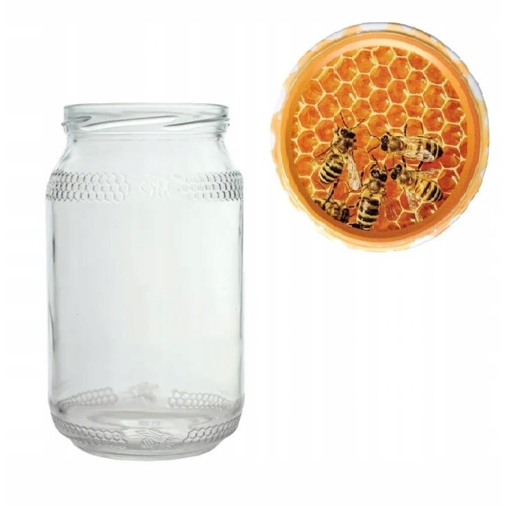 Karton słoików 0,9 litra (48 szt) z grawerem + nakrętki fi 82 (50 szt) wzór PLASTER MIODU - KA82ND63