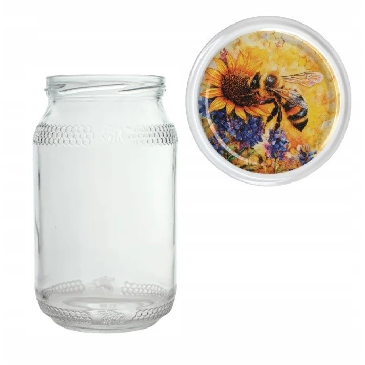 Karton słoików 0,9 litra (48 szt) z grawerem + nakrętki fi 82 (50 szt) wzór PSZCZOŁA NA KWIATACH - KA82ND124