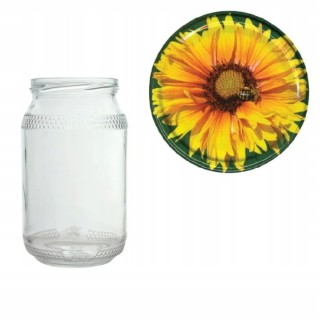 Karton słoików 0,9 litra (48 szt) z grawerem + nakrętki fi 82 (50 szt) wzór PSZCZOŁA NA ŻÓŁTYM KWIATKU - KA82ND3