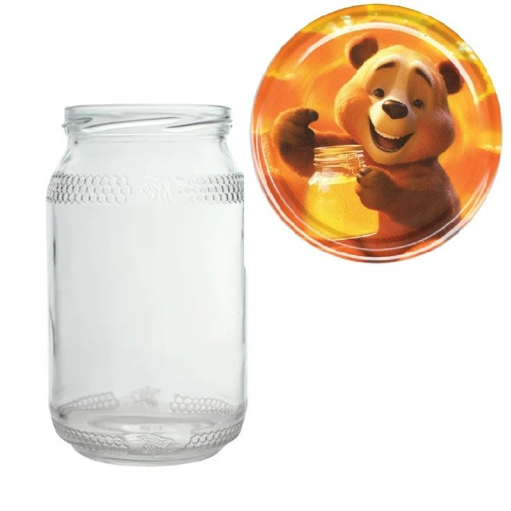 Karton słoików 0,9 litra (48 szt) z grawerem + nakrętki fi 82 (50 szt) wzór MIŚ Z MIODEM - KA82ND109