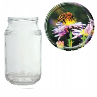 Karton słoików 0,9 litra (48 szt) z grawerem + nakrętki fi 82 (50 szt) wzór PSZCZOŁA NA KWIATKU - KA82ND65