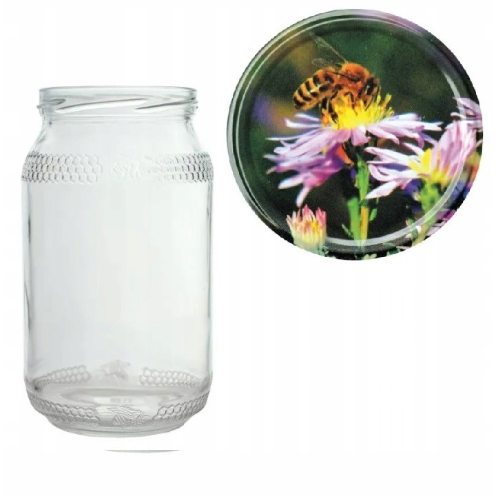 Karton słoików 0,9 litra (48 szt) z grawerem + nakrętki fi 82 (50 szt) wzór PSZCZOŁA NA KWIATKU - KA82ND65