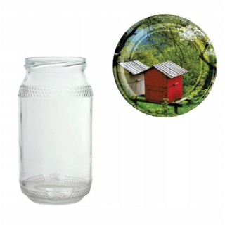 Karton słoików 0,9 litra (48 szt) z grawerem + nakrętki fi 82 (50 szt) wzór ULE DREWNIANE - KA82ND36