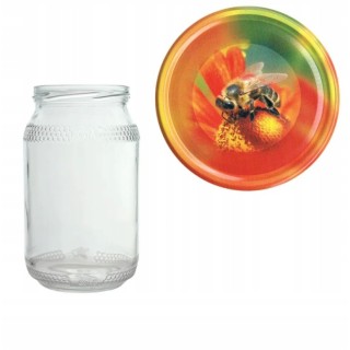 Karton słoików 0,9 litra (48 szt) z grawerem + nakrętki fi 82 (50 szt) wzór PSZCZOŁA NA KWIATKU - KA82ND14