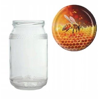 Karton słoików 0,9 litra (48 szt) z grawerem + nakrętki fi 82 (50 szt) wzór PSZCZOŁA NA PLASTRZE - KA82ND120