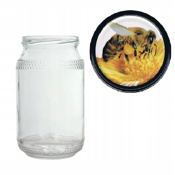 Karton słoików 0,9 litra (48 szt) z grawerem + nakrętki fi 82 (50 szt) wzór PSZCZOŁY NA KWIATKU - KA82ND25