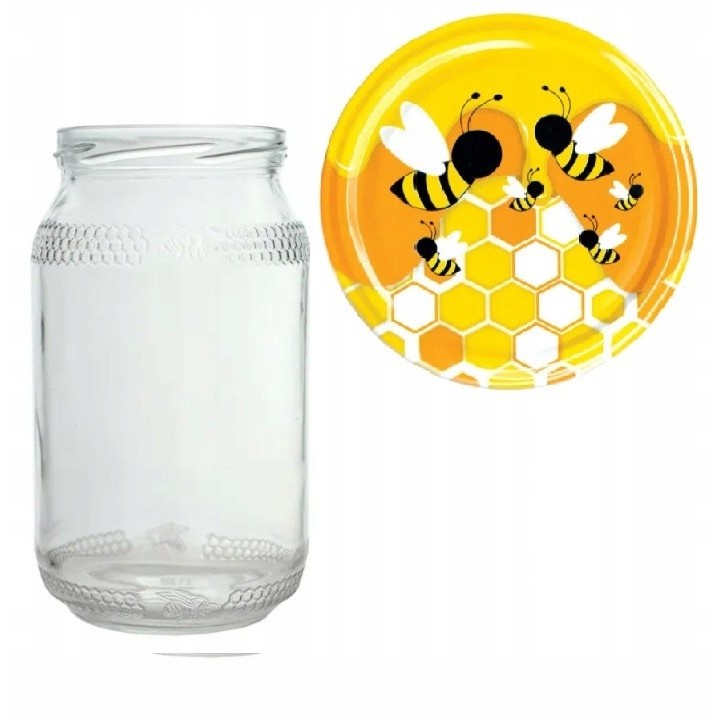 Karton słoików 0,9 litra (48 szt) z grawerem + nakrętki fi 82 (50 szt) ZÓŁTE Z PSZCZOŁAMI - KA82ND80