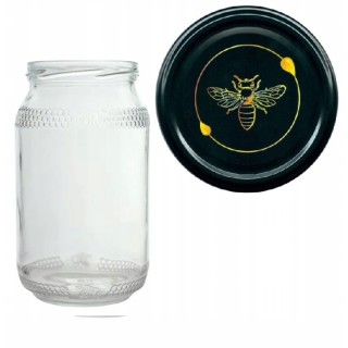 Karton słoików 0,9 litra (48 szt) z grawerem + nakrętki fi 82 (50 szt) CZARNE Z PSZCZOŁĄ - KA82ND81