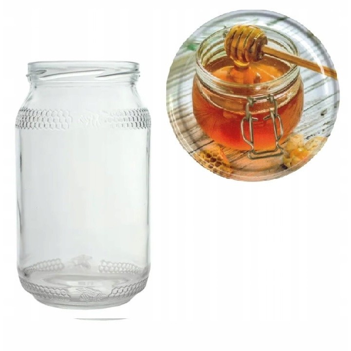 Karton słoików 0,9 litra (48 szt) z grawerem + nakrętki fi 82 (50 szt) wzór SŁOICZEK MIODU - KA82ND70