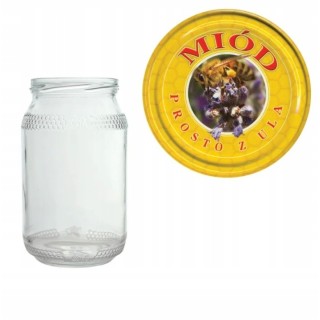 Karton słoików 0,9 litra (48 szt) z grawerem + nakrętki fi 82 (50 szt) żółte z napisem MIÓD PROSTO Z ULA - KA82ND2