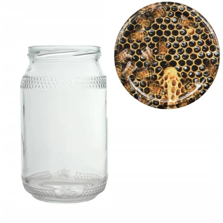 Karton słoików 0,9 litra (48 szt) z grawerem + nakrętki fi 82 (50 szt) wzór PSZCZÓŁ NA PLASTRZE - KA82ND98