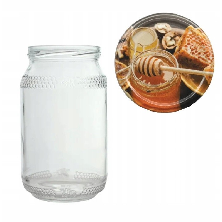 Karton słoików 0,9 litra (48 szt) z grawerem + nakrętki fi 82 (50 szt) - wzór MIÓD I PLASTER - KA82ND83