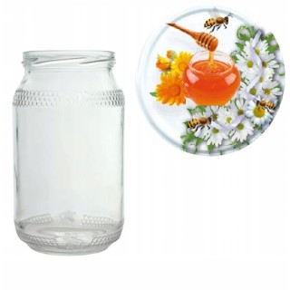 Karton słoików 0,9 litra (48 szt) z grawerem  + nakrętki fi 82 (50 szt) wzór MIÓD - KA82ND42