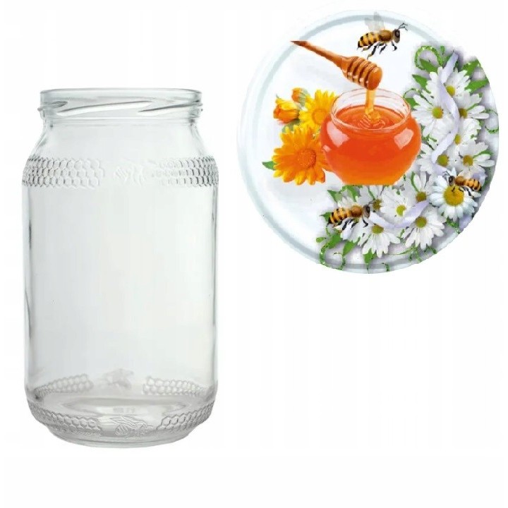 Karton słoików 0,9 litra (48 szt) z grawerem  + nakrętki fi 82 (50 szt) wzór MIÓD - KA82ND42