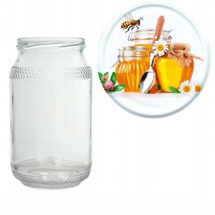 Karton słoików 0,9 litra (48 szt) z grawerem  + nakrętki fi 82 (50 szt) wzór MIÓD - KA82ND46