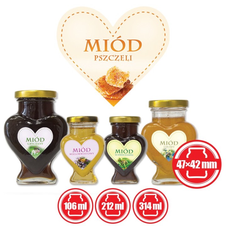Paczka etykiet serduszek (miód pszczeli) 47mm x 42mm (50szt) - wzór ES19