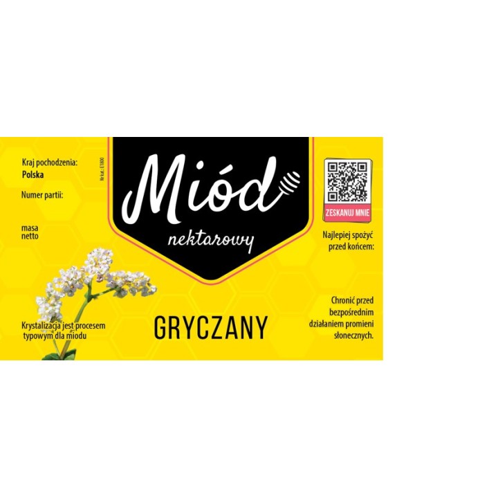 Paczka etykiet na miód gryczany 116x50 ŻÓŁTE Z KODEM QR - wzór E1800