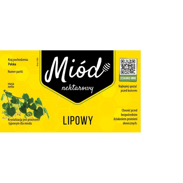 Paczka etykiet na miód lipowy 116x50 ŻÓŁTE Z KODEM QR - wzór E1801