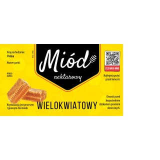 Paczka etykiet na miód wielokwiatowy 116x50 mm ŻÓŁTE Z KODEM QR- wzór E1802