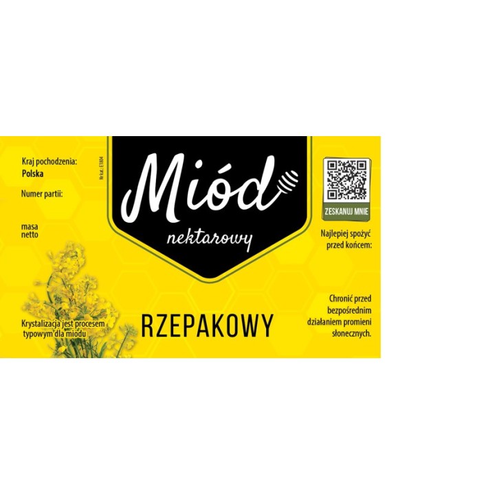 Paczka etykiet na miód rzepakowy 116x50 mm ŻÓŁTE Z KODEM QR - wzór 1804