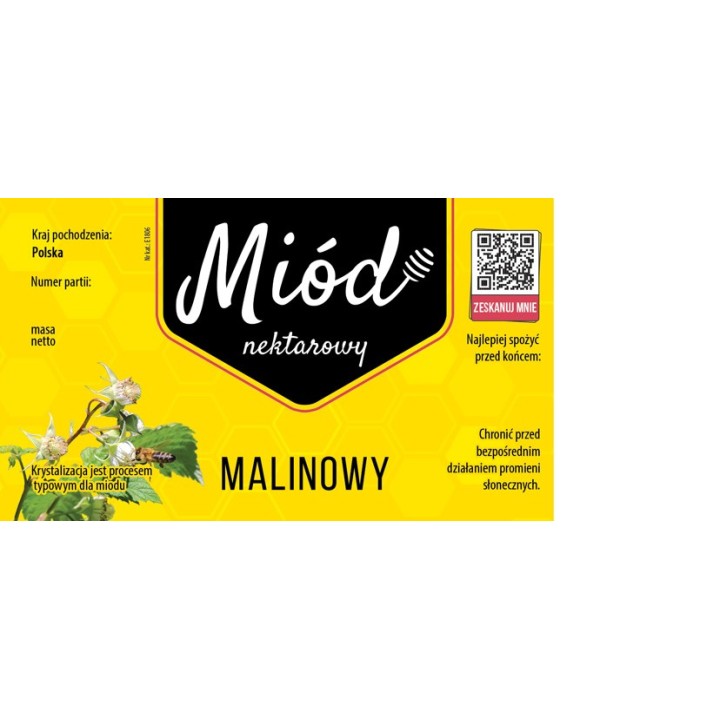 Paczka etykiet na miód malinowy 116x50 mm ŻÓŁTE Z KODEM QR - wzór 1806