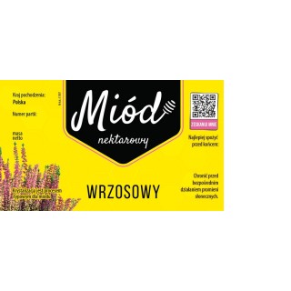 Paczka etykiet na miód wrzosowy 116x50 mm ŻÓŁTE Z KODEM QR- wzór 1807