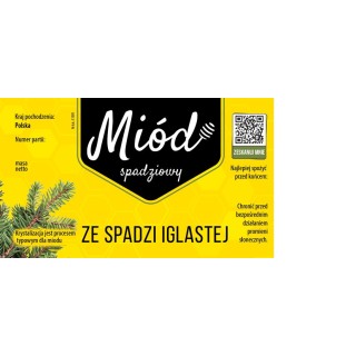 Paczka etykiet na miód ze spadzi iglastej 116x50 ŻÓŁTE Z KODEM QR - wzór 1809