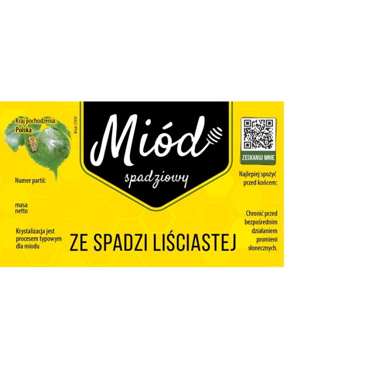 Paczka etykiet na miód ze spadzi liściastej 116x50 ŻÓŁTE Z KODEM QR- wzór 1810