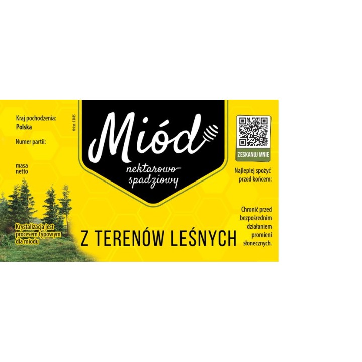 Paczka etykiet na miód z terenów leśnych 116x50 mm ŻÓŁTE Z KODEM QR- wzór 1815