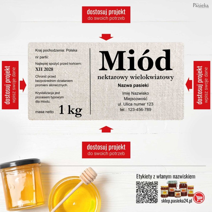 Etykiety na miód z własnym nazwiskiem PERSONALIZOWANE (100 szt) - wzór EN51