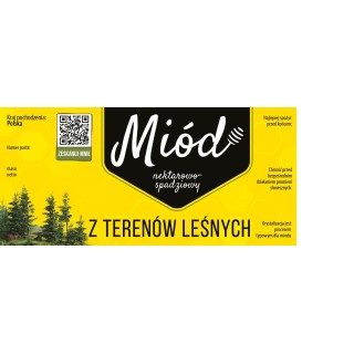 Paczka dużych etykiet na miód z terenów leśnych (100szt) ŻÓŁTE Z KODEM QR - wzór E195
