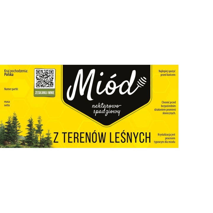 Paczka dużych etykiet na miód z terenów leśnych (100szt) ŻÓŁTE Z KODEM QR - wzór E195