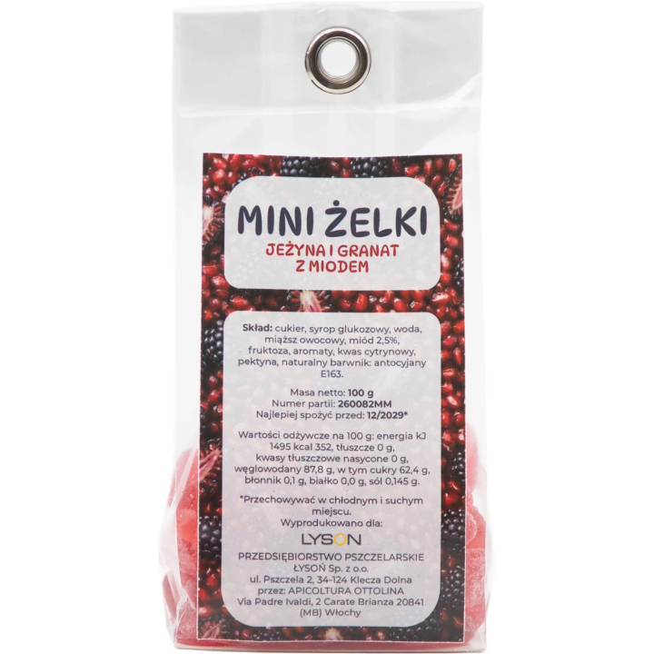 Mini żelki, jeżynowe z granatem i miodem, 100 g