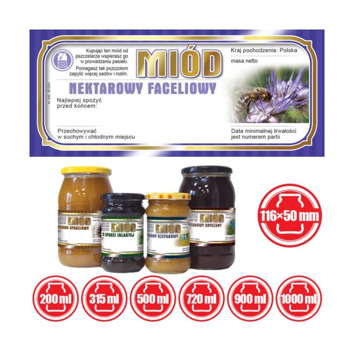 Paczka etykiet na miód faceliowy 116x50 (100szt) - wzór E1231